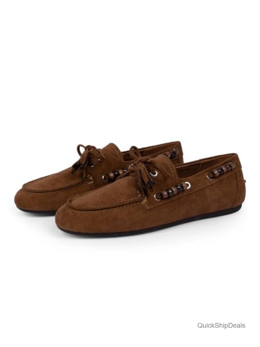 Women's Fringe Loafers with Wooden Bead Accents Cushioned Suede Slip On
